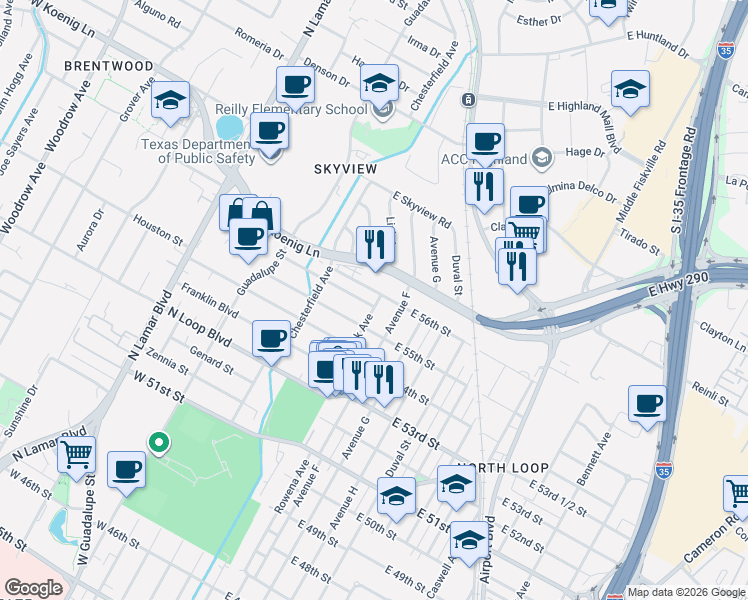 map of restaurants, bars, coffee shops, grocery stores, and more near 103 West 55th 1/2 Street in Austin