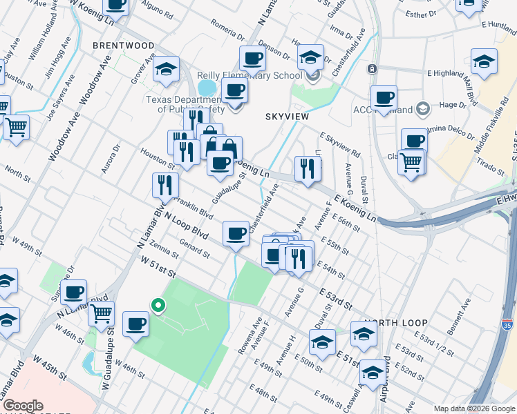 map of restaurants, bars, coffee shops, grocery stores, and more near 302 Nelray Boulevard in Austin