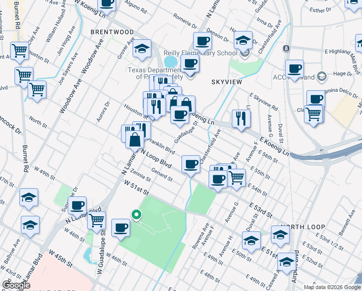 map of restaurants, bars, coffee shops, grocery stores, and more near 407 Nelray Boulevard in Austin