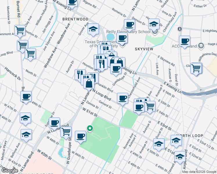 map of restaurants, bars, coffee shops, grocery stores, and more near 602 Franklin Boulevard in Austin