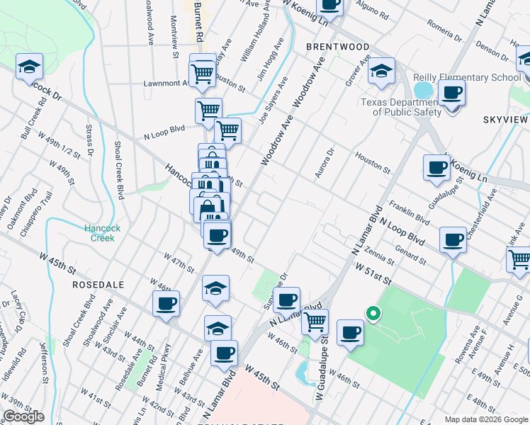 map of restaurants, bars, coffee shops, grocery stores, and more near 1201 Georgian Street in Austin