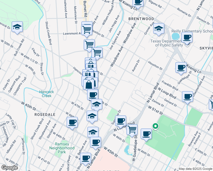 map of restaurants, bars, coffee shops, grocery stores, and more near 5006 Lynndale Drive in Austin