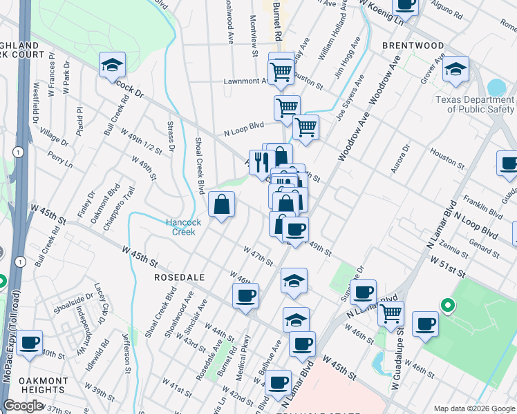 map of restaurants, bars, coffee shops, grocery stores, and more near 2205 West 49th Street in Austin