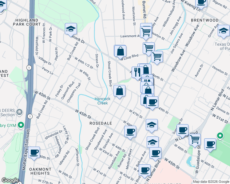 map of restaurants, bars, coffee shops, grocery stores, and more near 4709 Hilwin Circle in Austin