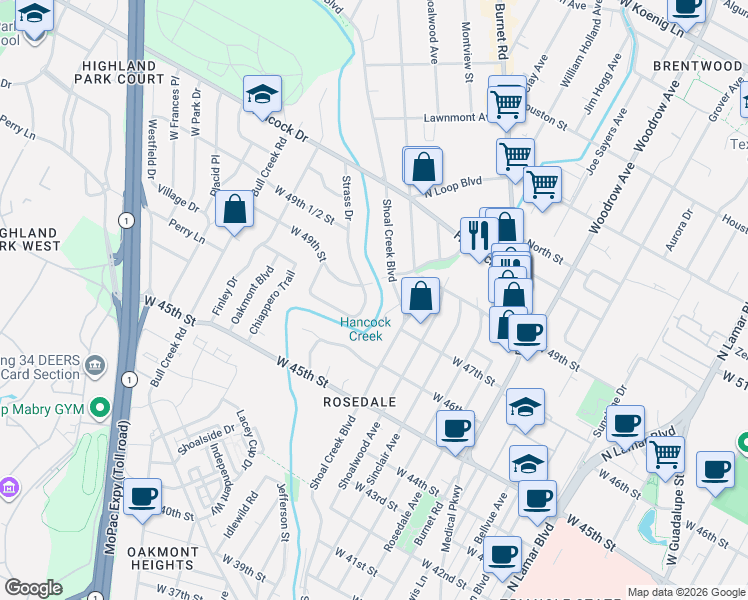 map of restaurants, bars, coffee shops, grocery stores, and more near 4702 Strass Drive in Austin