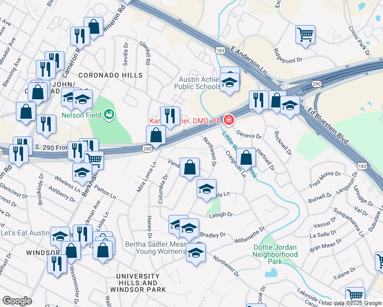 map of restaurants, bars, coffee shops, grocery stores, and more near 7224 Northeast Drive in Austin