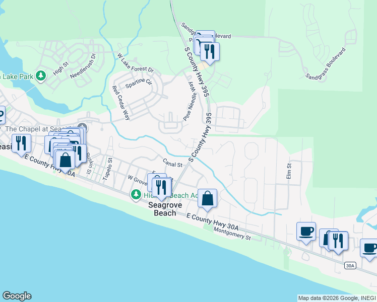 map of restaurants, bars, coffee shops, grocery stores, and more near 15 Hammock Lane in Santa Rosa Beach