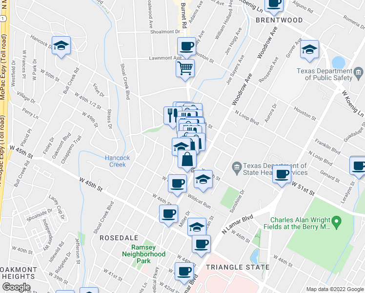 map of restaurants, bars, coffee shops, grocery stores, and more near 4911 Lynnwood Street in Austin