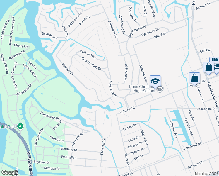 map of restaurants, bars, coffee shops, grocery stores, and more near 590 Royal Oak Drive in Pass Christian