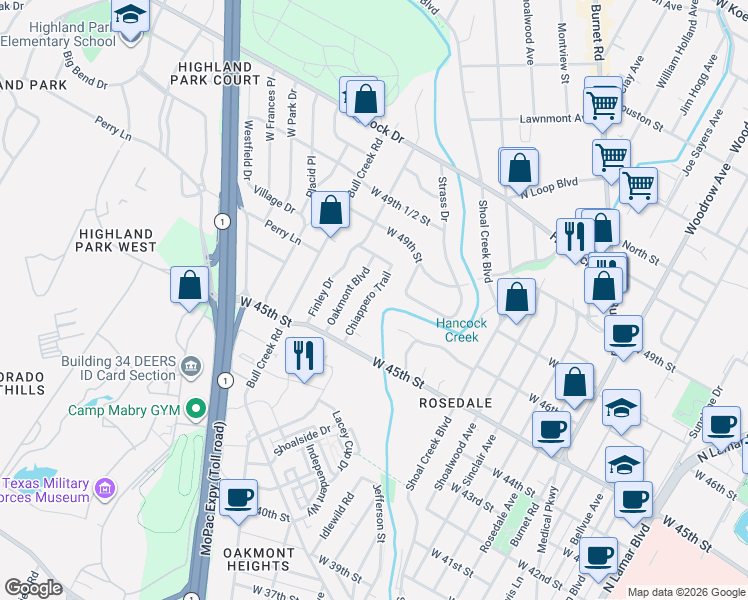 map of restaurants, bars, coffee shops, grocery stores, and more near 2608 Great Oaks Parkway in Austin