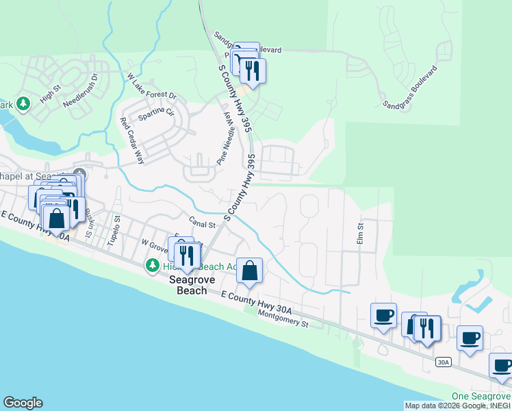 map of restaurants, bars, coffee shops, grocery stores, and more near 487 Wood Beach Drive in Santa Rosa Beach