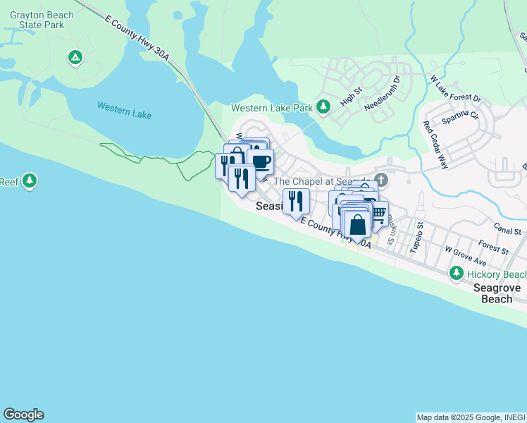 map of restaurants, bars, coffee shops, grocery stores, and more near in Seaside