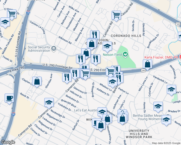 map of restaurants, bars, coffee shops, grocery stores, and more near East Highway 290 in Austin