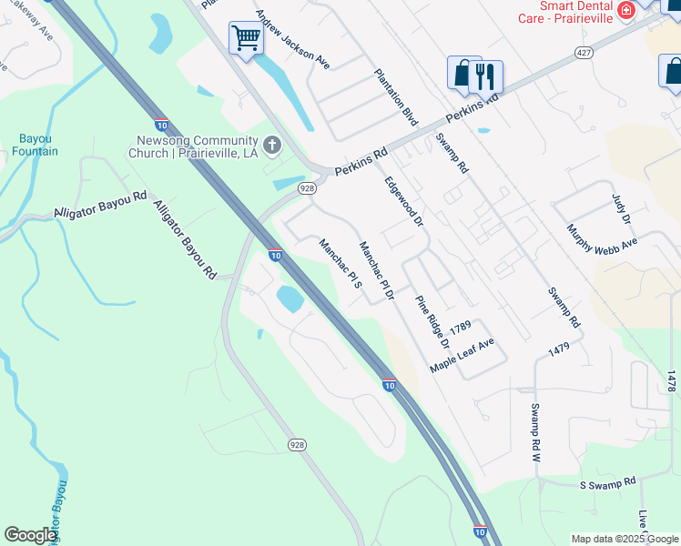 map of restaurants, bars, coffee shops, grocery stores, and more near 18239 Manchac Place South in Prairieville