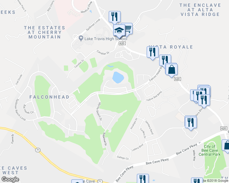map of restaurants, bars, coffee shops, grocery stores, and more near 14800 Falcon Head Boulevard in Austin
