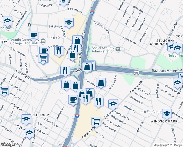 map of restaurants, bars, coffee shops, grocery stores, and more near 8001 Interstate 35 Frontage Road in Austin