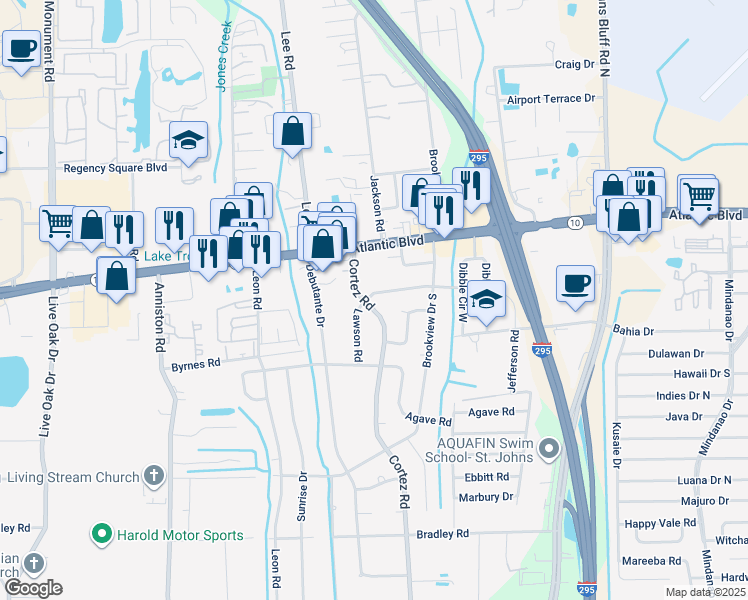 map of restaurants, bars, coffee shops, grocery stores, and more near 1725 Cortez Road in Jacksonville