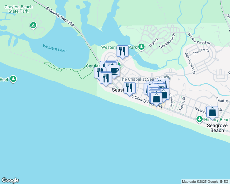 map of restaurants, bars, coffee shops, grocery stores, and more near 1848 East County Highway 30A in Santa Rosa Beach