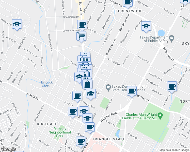 map of restaurants, bars, coffee shops, grocery stores, and more near Woodrow Ave & W 51st St in Austin