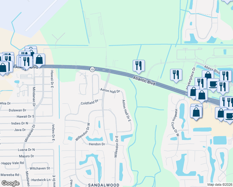 map of restaurants, bars, coffee shops, grocery stores, and more near 1690 Aston Hall Court in Jacksonville