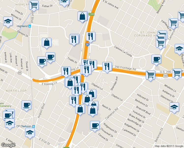 map of restaurants, bars, coffee shops, grocery stores, and more near 6037 North Interstate 35 Frontage Road in Austin