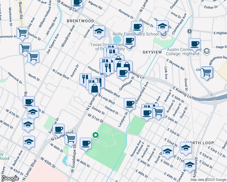 map of restaurants, bars, coffee shops, grocery stores, and more near 602 Franklin Boulevard in Austin