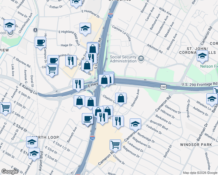 map of restaurants, bars, coffee shops, grocery stores, and more near 6037 North Interstate 35 Frontage Road in Austin