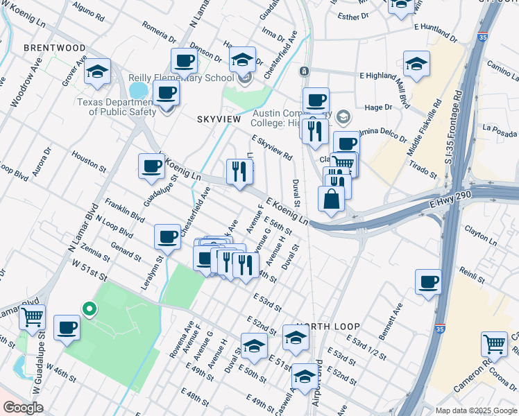 map of restaurants, bars, coffee shops, grocery stores, and more near 5608 Avenue F in Austin
