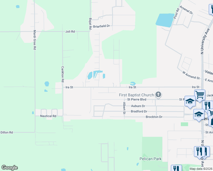 map of restaurants, bars, coffee shops, grocery stores, and more near 317-733 Ira Street in Carencro