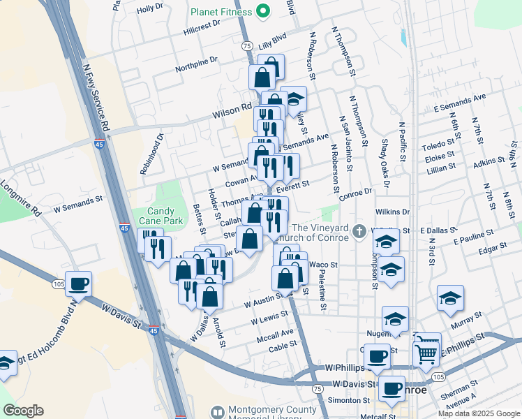 map of restaurants, bars, coffee shops, grocery stores, and more near 1230 North Frazier Street in Conroe