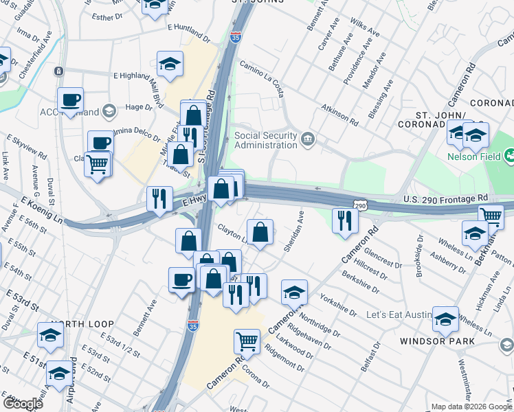 map of restaurants, bars, coffee shops, grocery stores, and more near 1026 Clayton Lane in Austin