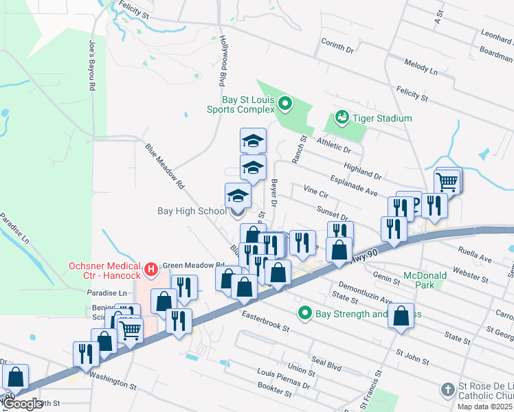 map of restaurants, bars, coffee shops, grocery stores, and more near 600 Pine Street in Bay St. Louis