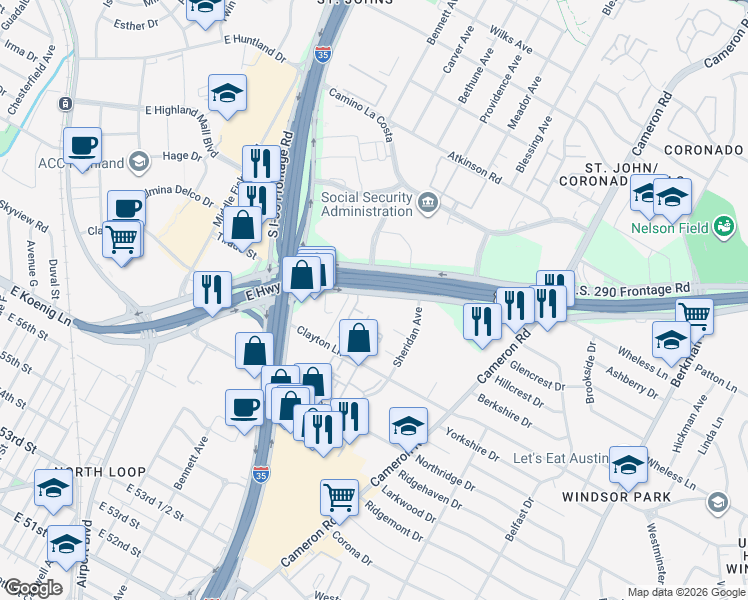 map of restaurants, bars, coffee shops, grocery stores, and more near 6201 East Highway 290 in Austin