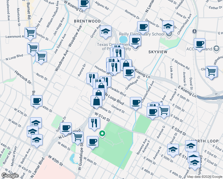 map of restaurants, bars, coffee shops, grocery stores, and more near 705 Franklin Boulevard in Austin