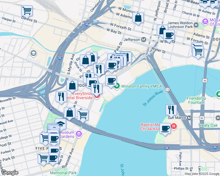 map of restaurants, bars, coffee shops, grocery stores, and more near 245 Riverside Avenue in Jacksonville