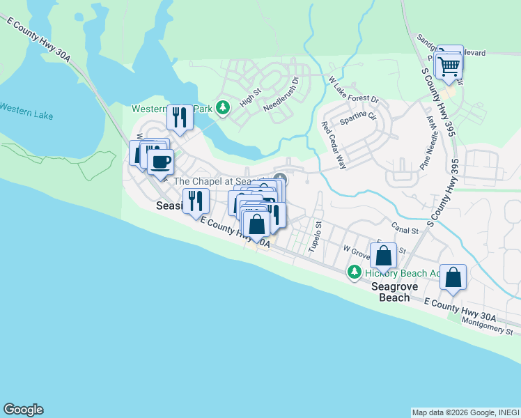 map of restaurants, bars, coffee shops, grocery stores, and more near 119 Quincy Circle in Santa Rosa Beach