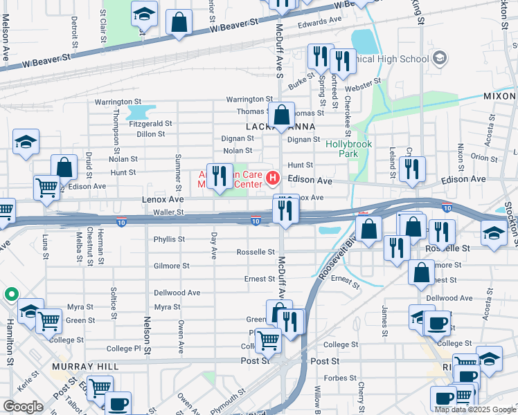 map of restaurants, bars, coffee shops, grocery stores, and more near 3043 Waller Street in Jacksonville