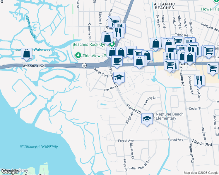 map of restaurants, bars, coffee shops, grocery stores, and more near 2033 Oleander Place in Neptune Beach