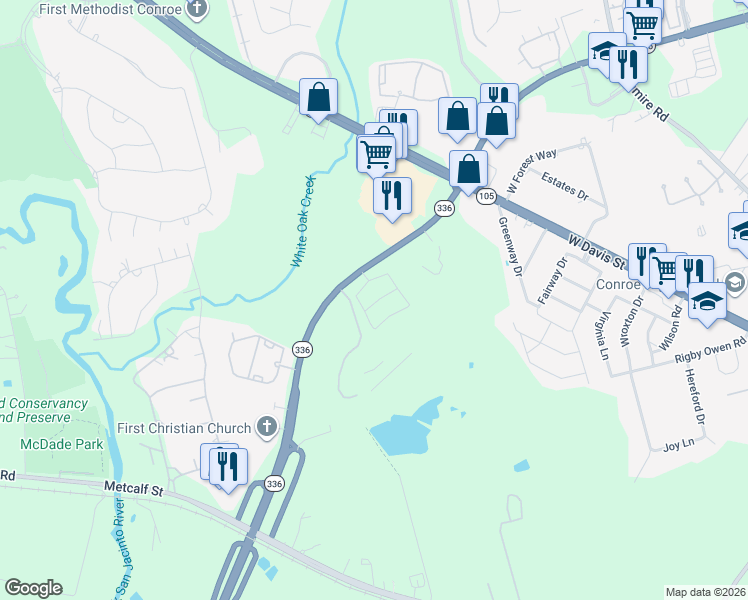 map of restaurants, bars, coffee shops, grocery stores, and more near 2951 Texas 336 Loop in Conroe