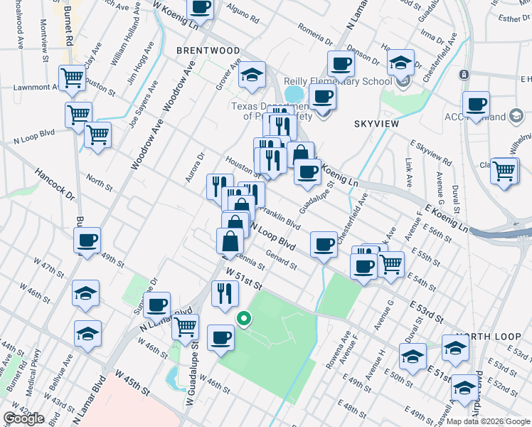 map of restaurants, bars, coffee shops, grocery stores, and more near 616 West North Loop Boulevard in Austin