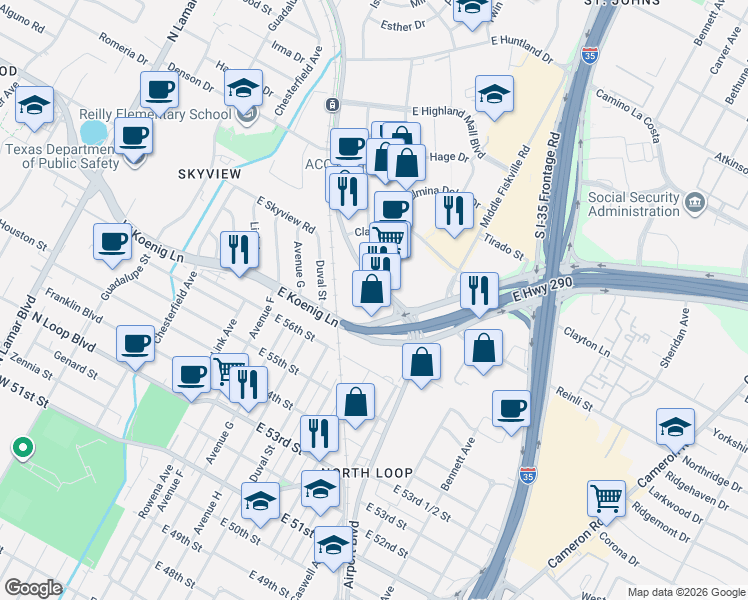 map of restaurants, bars, coffee shops, grocery stores, and more near 5760 Airport Blvd in Austin