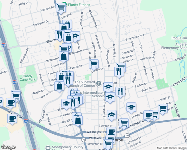 map of restaurants, bars, coffee shops, grocery stores, and more near 1212 North Roberson Street in Conroe