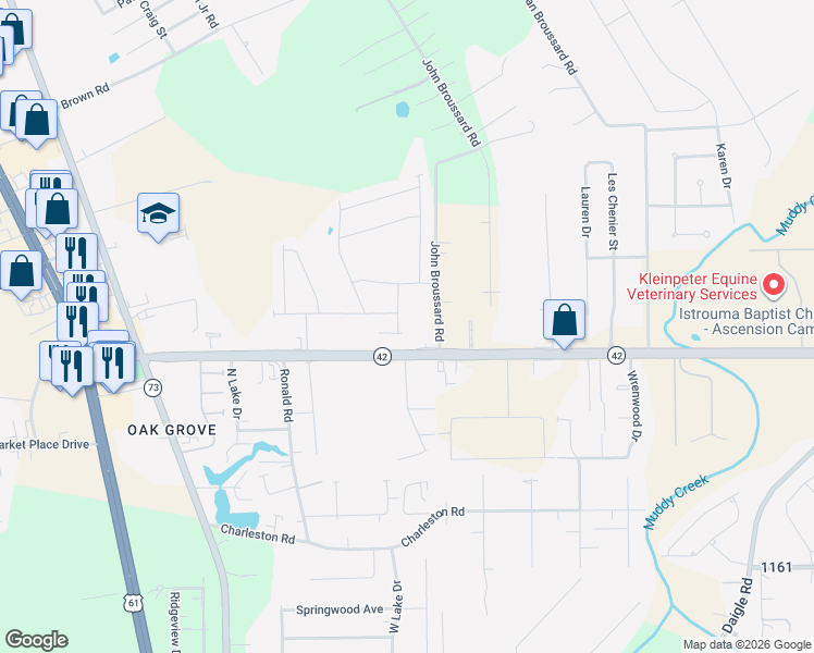map of restaurants, bars, coffee shops, grocery stores, and more near 38301 Louisiana 42 in Prairieville