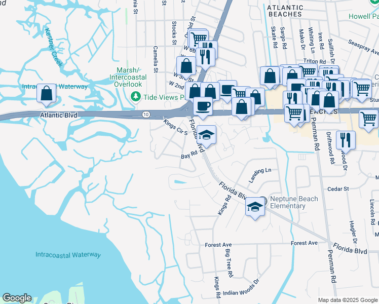 map of restaurants, bars, coffee shops, grocery stores, and more near 2033 Oleander Place in Neptune Beach