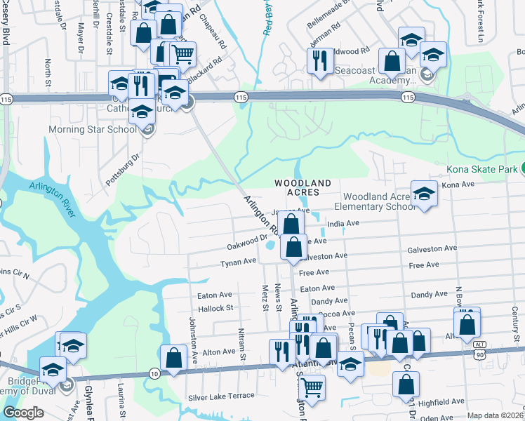 map of restaurants, bars, coffee shops, grocery stores, and more near 7242 Arlet Drive in Jacksonville