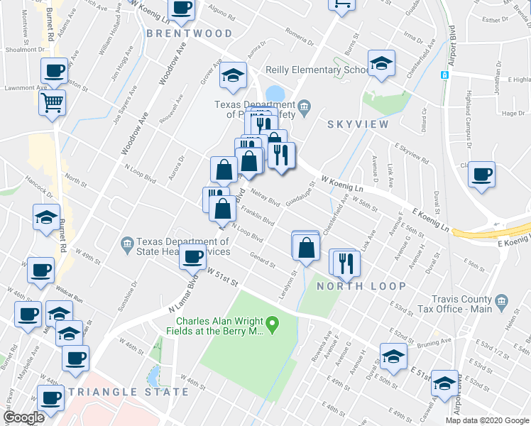map of restaurants, bars, coffee shops, grocery stores, and more near 602 Franklin Boulevard in Austin