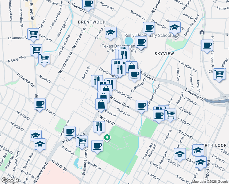 map of restaurants, bars, coffee shops, grocery stores, and more near 616 West North Loop Boulevard in Austin