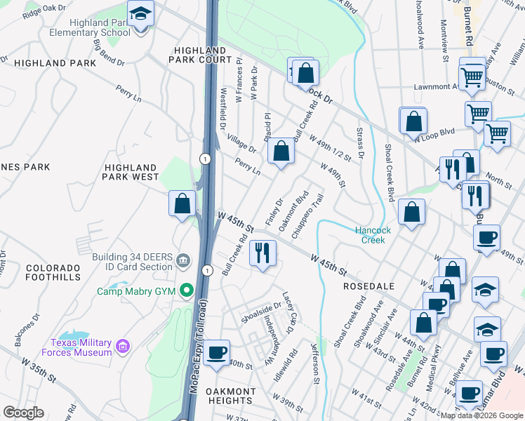 map of restaurants, bars, coffee shops, grocery stores, and more near 4507 Finley Drive in Austin