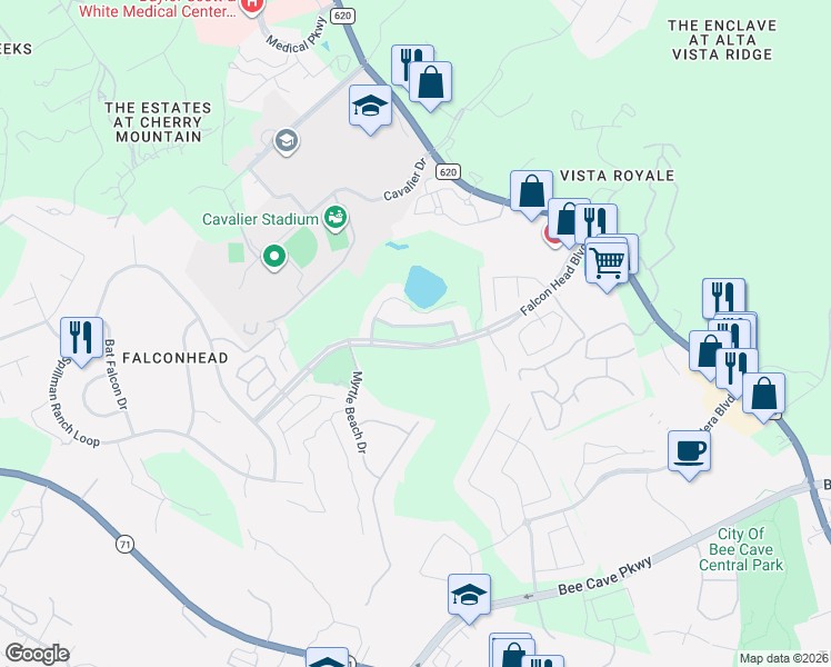 map of restaurants, bars, coffee shops, grocery stores, and more near 14800 Falcon Head Boulevard in Austin