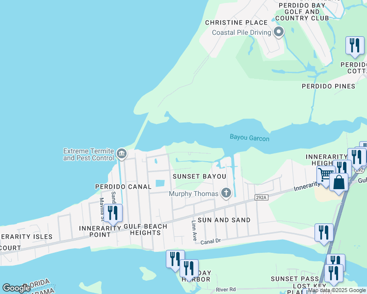 map of restaurants, bars, coffee shops, grocery stores, and more near 14161 Gorham Road in Pensacola